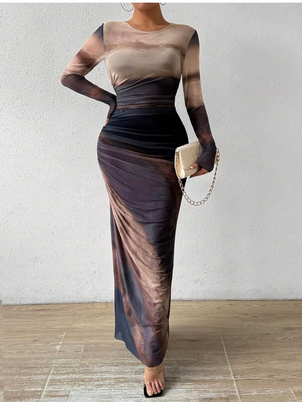 Long Sleeve Ombre Abstract Brown Purple Bodycon Maxi Dress Ruched Y2K Glam XL